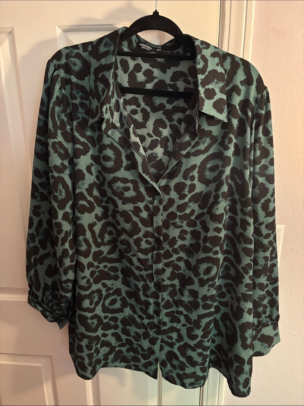 SHEIN Teal and Black Leopard Print Button-Down Shirt